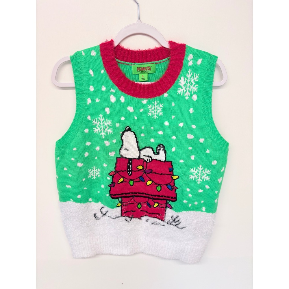 Ugly Christmas Snoopy Sweater Vest Christmas Peanuts L Green Kitsch Festive